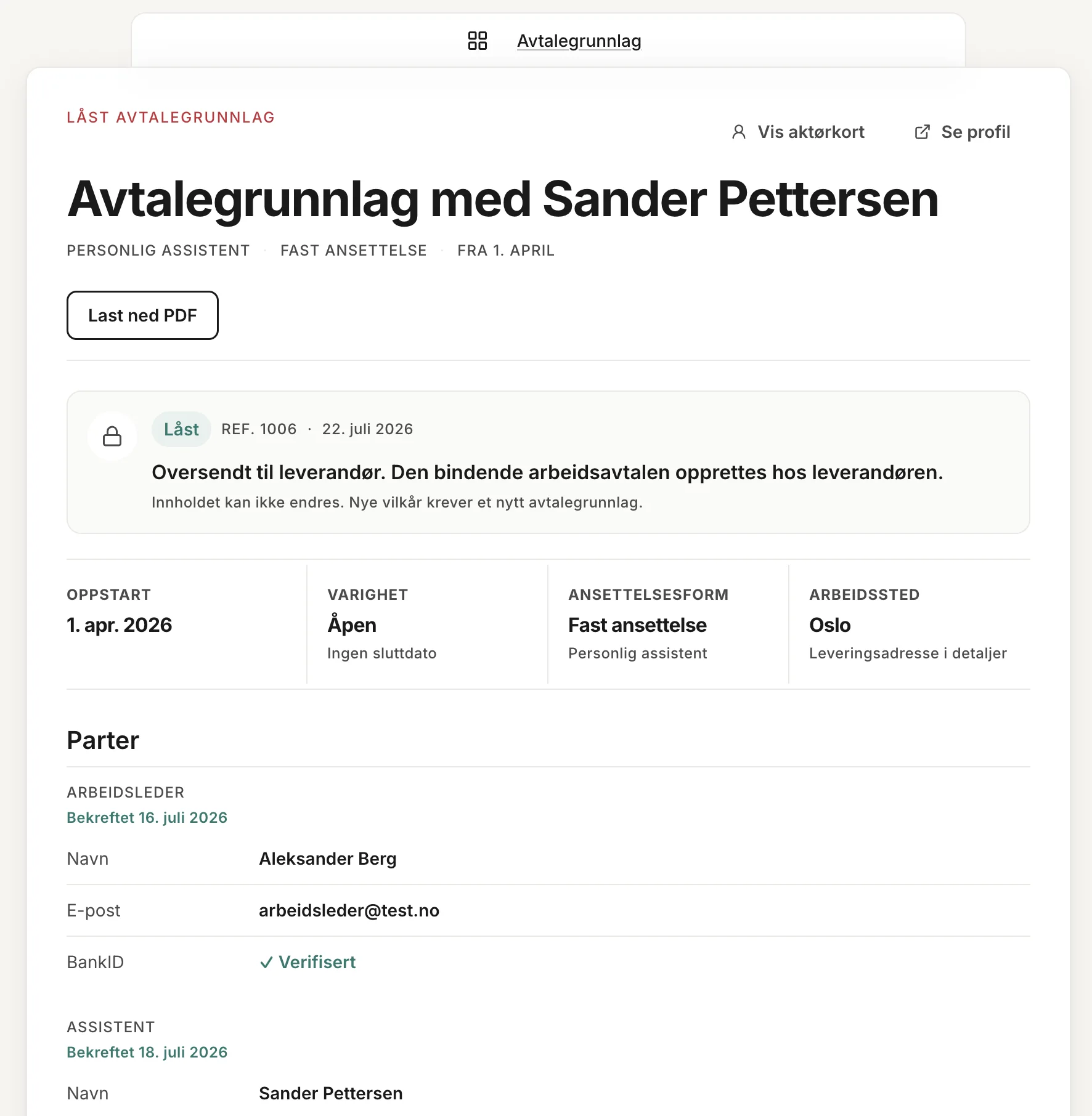 Låst avtalegrunnlag oversendt leverandøren
